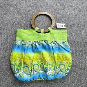 Cruise Club Boho Handbag Wooden Ring Handle Green‎ Blue Paisley Fairy Gypsy